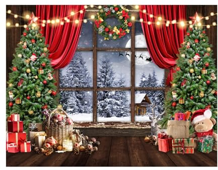 AIIKES 10x8FT Weihnachtshintergrund Winter Weihnachtshintergrund für Fotografie Frohe Weihnachtsbaum Fenster Retro Holz Hintergrund Urlaub Familie Party Dekorationen Hintergrund 12-636