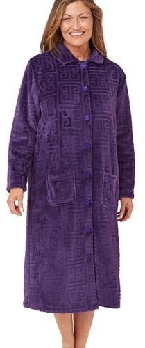 Marlon Vestaglia da donna Sabrina in pile con bottoni in rilievo, morbida e accogliente con tasche, Viola, 12-14