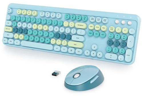 Fogruaden Blue Keyboard and Mouse Wireless, Retro Typewriter Keyboard, 2.4GHz 104 Keys Full Size Cute Keyboard with Number Pad, Blue Colorful Keyboard with Retro Round Keycaps for Windows PC Laptop