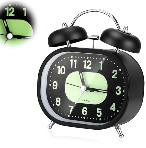 Rubessia Analog Wecker, Doppelglockenwecker, Wecker Analog Ohne Ticken mit Nachtlicht und Leuchtzeigern, Wecker Retro, Lauter Alarm, Quadratischer Wecker für Tiefschläfer, Kinder, Senioren