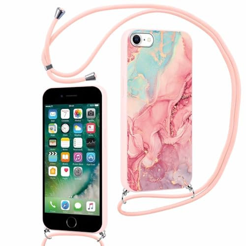 ZhuoFan Handykette für iPhone 8/7/iPhone SE 2022/2020 Hülle mit Band, Aesthetic Rosa Marmor Muster Verstellbarer Halskette Handyhülle mit Kordel umhängen Silikon Stoßfest Schutzhülle mit Kette, 06