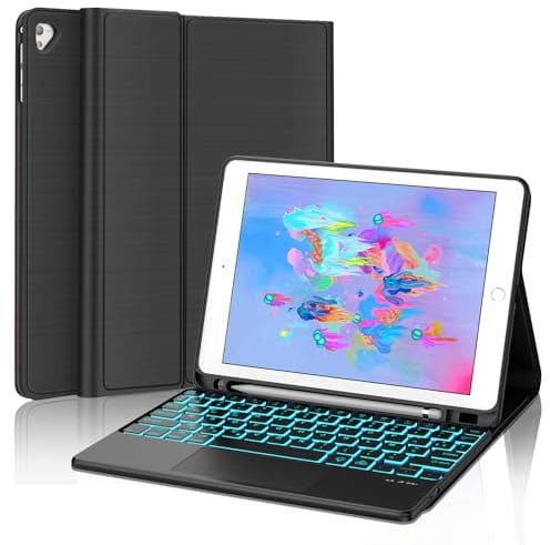 Hülle mit Tastatur für iPad 6 Generation 2018 9,7 Zolll, Tastatur mit Touchpad kompatibel iPad 5 Generation 2017 Beleuchtung Abnehmbare Kabellose QWERTZ Tastatur Schwarz