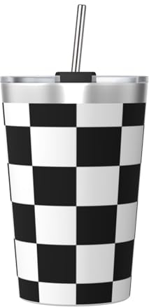 12oz Mug,Insulated Tumbler with Conical Straw,Coffee Cup Car Cup Travel Bottle,Huge F1 Formula One Black & White Chequered