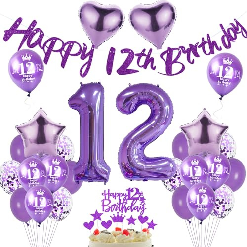 Lila Luftballon 12. Geburtstag Dekoration Mädchen Lila Tortendeko 12. Geburtstag Mädchen Geburtstagsdeko 12 Jahre Ballon violett Folienballon 12 deko 12. Ballon