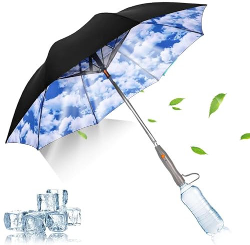 Umbrella with Fan and Mist Spray, Portable Umbrella with Fan - Sun Protection Umbrella with Fan | Portable Parasol with Fan and Mister for Summer Travel Beach Golf S, blue, Wiederaufladbares