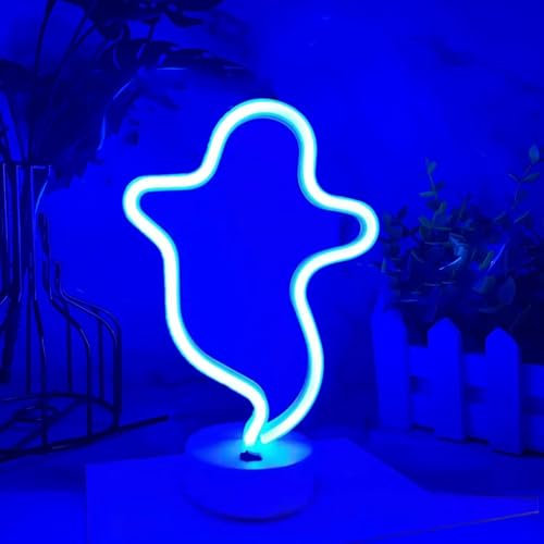 HFHungkeong Blaues LED Gaming Neonschild, Batterie/USB Betrieben Halloween Neonlampe in Geisterform mit Sockel für Schlafzimmer, Bar, Büro, Schreibtisch, Halloween Dekoration (28,5 x 10 x 18 cm)