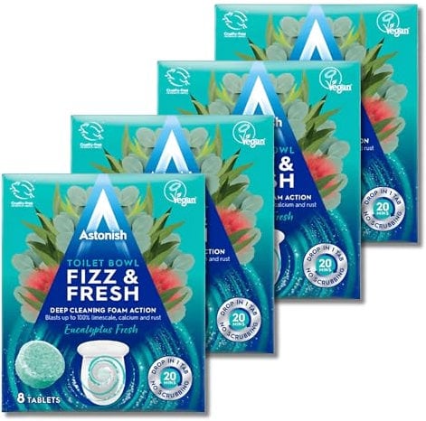 Astonish Fizz and Fresh Toilet Bowl Tablets, Eucalyptus Fresh - Pack of 4, (8 Tablets per Pack), Effervescent Cleaning and Deodorizing Solution for Sparkling Clean and Fresh-Scented Toilets