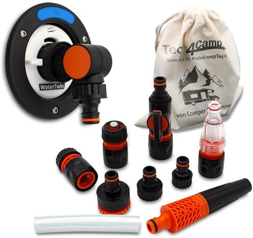 MaJoCompTec® Waterwin Bouchon de réservoir avec raccord d'eau | Adaptateur de remplissage pour bec de remplissage d'eau | Accessoires de camping-car et caravane (version flexible + kit de
