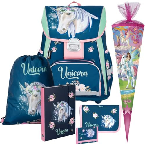 Generisch Oxy Bag Premium Unicorn - Einhorn - Schulranzen-Set - Brustbeutel Gratis dazu (6 teilig mit Schultüte)