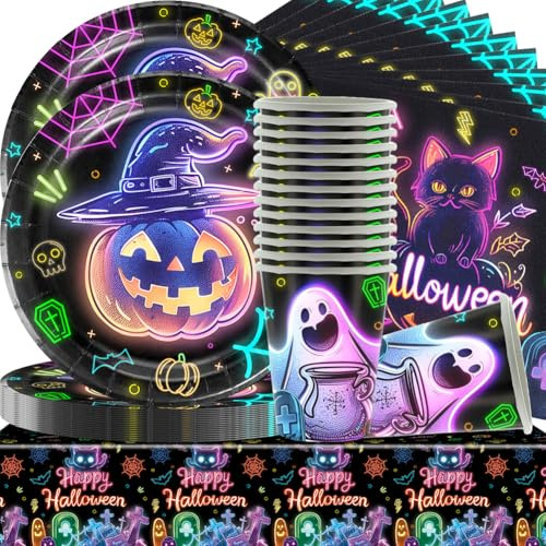 Piatti halloween,Set Stoviglie Halloween,Stoviglie a Tema Halloween,Halloween Stoviglie per Feste, set di decorazioni di Halloween, piatti di carta, tovaglioli, Tazza ,tovaglia feste(49PCS 12Ospiti)