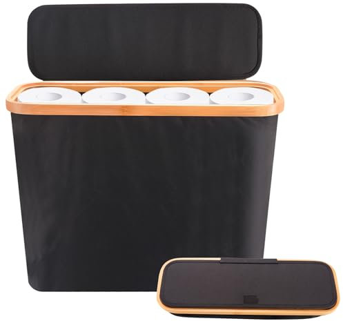 Yallmie Toilet Paper Storage Box, 17.13x5.71x13.78 Inch Waterproof Toilet Roll Basket Storage with Side Window and Lid, Free Standing Toilet Paper Holder Basket for Up to 12 Mega Rolls (Black)