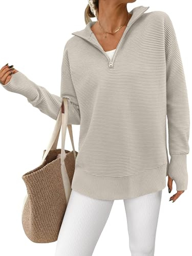 PRETTYGARDEN Damen-Pullover, langärmelig, Viertelreißverschluss, lässig, locker, V-Ausschnitt, Kragen, Rippstrickpullover, Oberteil, Daumenloch