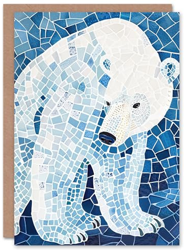 Artery8 Greeting Card Polar Bear Blue White Mosaic Pattern Folk Art Blank For Him Or Her Art Birthday Card