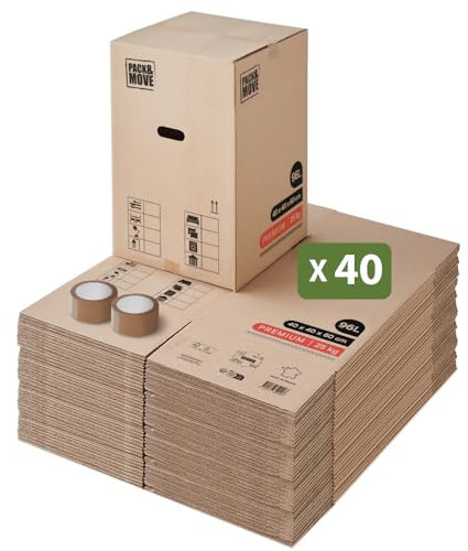 Pack And Move - Set mit 40 hochwertigen Umzugskartons – 40 x 40 x 60 cm – extrem robust 30 kg – wiederverwendbar – doppelte Dicke – verstärkte Griffe – 2 Aufkleber gratis