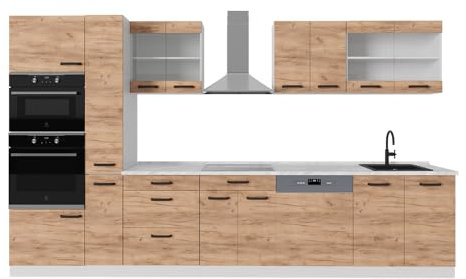 Vicco Küchenzeile R-Line, Küchenblock, Goldkraft Eiche/Weiß, 350 cm AP Marmor