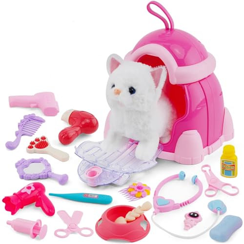 Spielzeug Haustier für Kinder, Katzenspielzeug Interaktives Schwanzwedelt, Plüschtier Katze mit Leine der läuft und bellt, Plüschkätzchen mit Katzenzubehör und Käfig, ab 3 Jahren