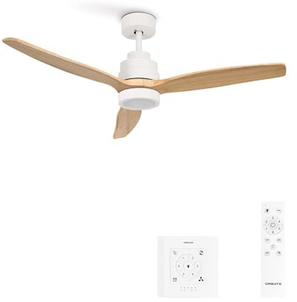 CREATE / WINDSTYLANCE L/Ventilador de techo con luz blanco aspas madera clara con controlador pared y mando / 40W, Temporizador, Ø152 cm, 6 velocidades, función verano-invierno, doble altura