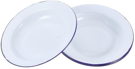 NAMOARLY 5pcs 16cm Vintage White Enamel Round Plates Blue Rim, Small Food Plates for Hot Pot Snacks and Family Serving, Household Baking and Salad Enamel Trays