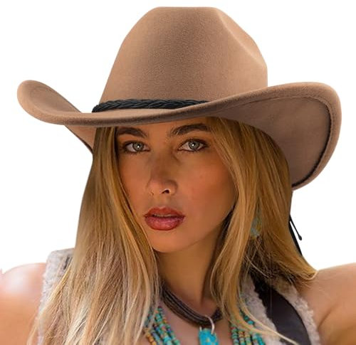 DRESHOW Cowboyhut für Damen & Herren Viehzüchter Western Fedora Filzhut Cowgirlhut mit Breite Krempe und Schnallengürtel Unisex Aufrollbare Krempe Hut