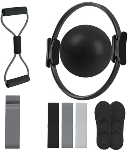 Generisch Pilates Ring Set, 14 Magic Circle, Long & Loop Resistance Bands, Soft Pilates Ball, Grip Socks,Puller, Home Workout Equipment for Women & Beginners to Tone, Flexibility & Core Strength