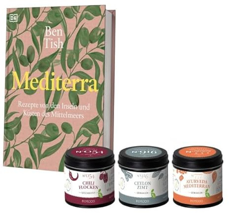 Rimoco Gewürze Geschenkset aus Gewürzen + Das Kochbuch Mediterra  - bestehend aus Chiliflocken N°054, Bio Ayurveda Mediterran N°777 und Bio Ceylon Zimt N°916