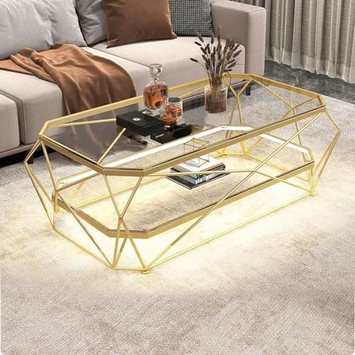 Mesa De Café De Oro, Mesa De La Sala De Estar Con Marco De Metal Geométrico, Con Mesa De Acento De Vidrio Templado Para Dormitorio, Sala De Estar, Oficin(Size:grande,Color:duplicar la capa+vaso claro)