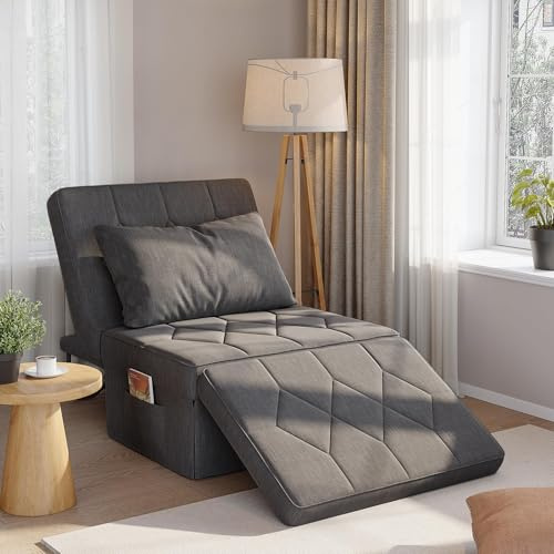 DSNAPE 4-in-1 Sofa Bed, Convertible Single Sofa Chair with 5-Level Adjustable Backrest, Sleeper Chair Bed with Pockets and Pillow, Foldable Pull Out Sofa for Living Room Bedroom Guest Room, Dark Grey