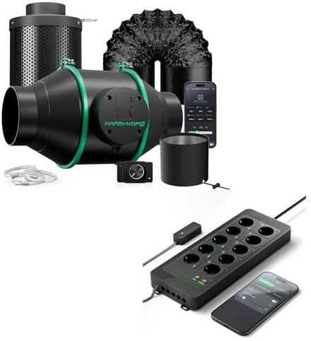 MARS HYDRO iFresh Rohrventilator 100mm, iHub-Pro, 10AC Power Strip Kit, 10-Outlet All-in-One Grow Room Hub, WiFi Environmental Control for Light, Temperature, Humidity & VPD
