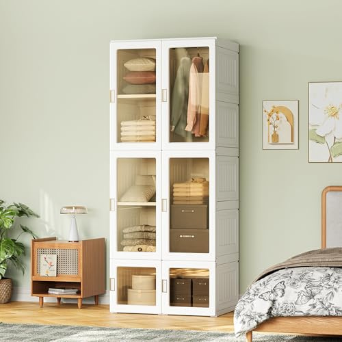 Lodera Armadio pieghevole, 170 x 69 x 50 cm, 10 scomparti, 6 porte, 1 pensile, spazio di archiviazione versatile, senza montaggio, bianco, ideale per soggiorno o camera da letto