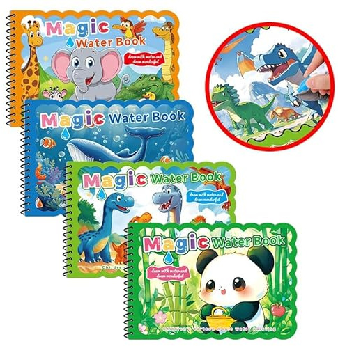 4 Stück Magisches Wassermalbuch für Kinder ab 3 Jahre, Wiederverwendbares Malbuch mit Wasserstift, Magic Water Colouring Book Set, Für Mädchen Jungen Reisebeschäftigung,Geburtstagsgeschenke für Kinder