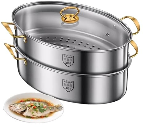 Pentola a vapore ovale per pesce, in acciaio inox 304, multiuso, per cuocere a vapore pesce e zuppe, durevole e facile da pulire, pentole ispessite per pasti sani