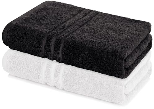 Lavea® 2er Set Saunatuch 80×200 cm - Weiß & Schwarz | 100% Baumwolle – Großes Saunatuch für Damen & Herren, saugstarkes Frottiertuch, weich, waschbar, Frottierserie Elena