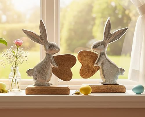 KAMACA 2er Set Osterhasen mit Herz auf Holz-Fuß Dekofiguren aus Aluminium und massivem Mangoholz Hasen-Silhouetten als Osterdekoration Metall-Holz-Duo Tisch Fensterbank Silber (2er Set Hasen mit Herz)