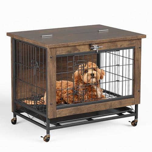 Kleine Hundehütte aus Holz mit 2 Türen & Rollen – Kaubeständiger Indoor Hundekäfig & Endtisch – Herausnehmbare Schale – Für kleine/mittelgroße Hunde – Rustikales Braun