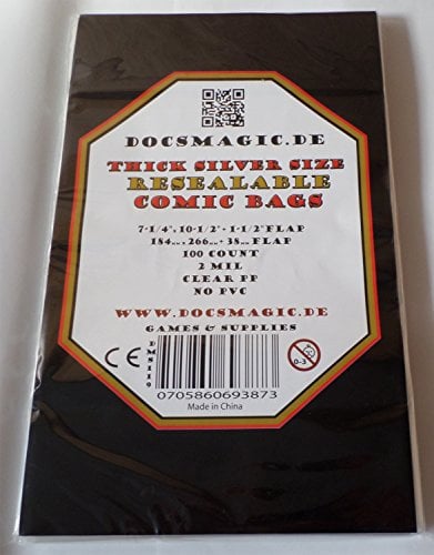 docsmagic.de 100 Resealable Thick Silver Size Comic Book Bags 7-1/4+10-1/2+1-1/2Flap- 2 Mil