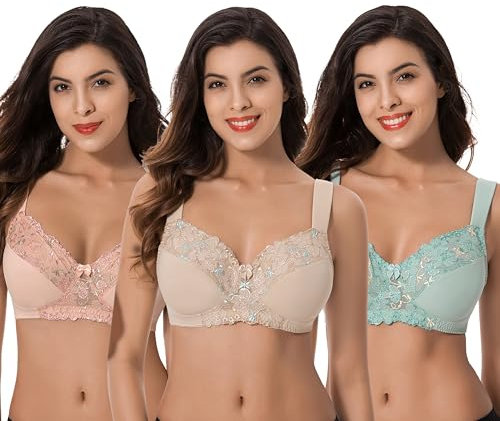 Curve Muse Reggiseno Senza Fili Sfoderato Minimizer Taglie Forti con Ricamo in Pizzo-Confezione da 3-Saggio,Nudo,Arrossire-3C