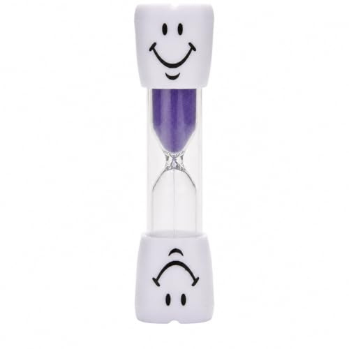 Uteruik Sablier de Brossage 3 Minutes, Sable Violet pour Enfants | Visages souriants réversibles, format compact 9 x 2,3 cm, structure en PVC et verre, 1 pièce pour salle de bain ou classe