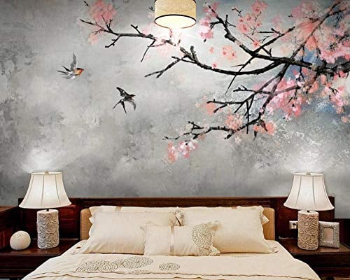 Fototapete 3D Effekt Tapete Handgemalte Blumen Und Vogelölgemälde Kirschblüten Tapeten Vliestapete Wandbilder Wohnzimmer Schlafzimmer