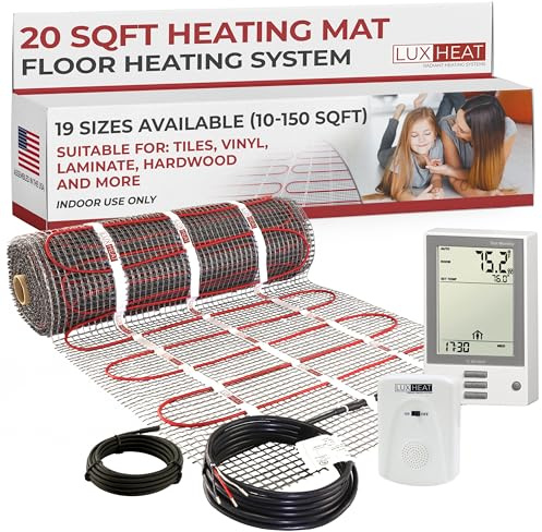 LuxHeat 20sqft Floor Heating Mat Kit – 120v Electric Radiant Under Floor Heating System – Heated Flooring System for Tile & Laminate - Includes UDG Programmable Thermostat w/GFCI, Alarm & Sensor