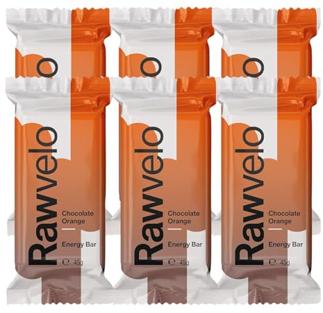 Rawvelo Energy Bars - Chocolate Orange - Wheat & Gluten Free, Vegan Protein Bar, Low on Glycemic Index - Plant-based Sports Nutrition - 24.2g Carb, 4.7g Protein per Bar - 6x45g