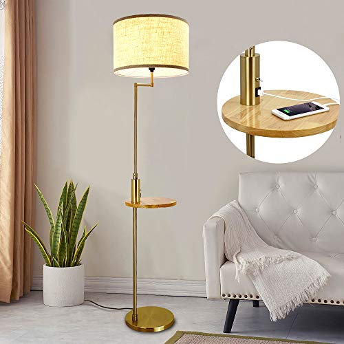 Depuley Led Stehleuchte Wohnzimmer mit USB Anschluss & Kippschalter, Modern Stehlampe Gold mit Holz Tisch Warmweiß E27, 720lm, 9W Birne, 110-240V, 3000k für Schlafzimmer Esszimmer Flur Halle Büro