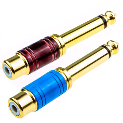 kenable PRO Metal 6.35mm Mono Jack Plug to RCA Phono Socket Adapter Red and Blue Pair Gold Plated Audio Connectors for Speakers Amplifiers Mixers Hi-Fi Equipment