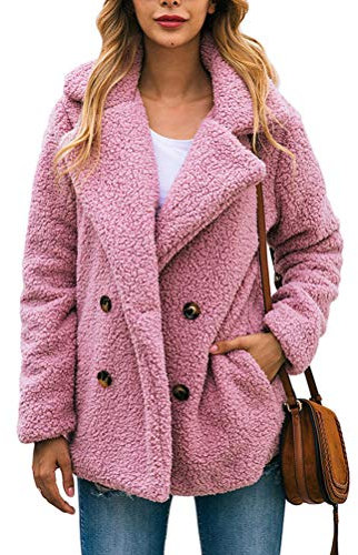 Onsoyours Giacca in Peluche da Donna Tinta Unita Risvolto Cappotto con Cerniera Casual Cardigan Calda Parka Capispalla Moda Cappotto Corto Capispalla Invernale Rosa S