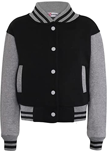 A2Z 4 Kids Baseball Contrast Jacket Varsity Style Coat - B.B Plain Jacket Black & Grey 11-12