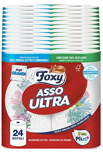 Foxy Asso Ultra Trockner, 24 Rollen, Veli Plus+, saugfähig und widerstandsfähig, dekoriert, FSC-zertifiziert, 100% erneuerbarer Strom, recycelbare Verpackung aus recyceltem Kunststoff