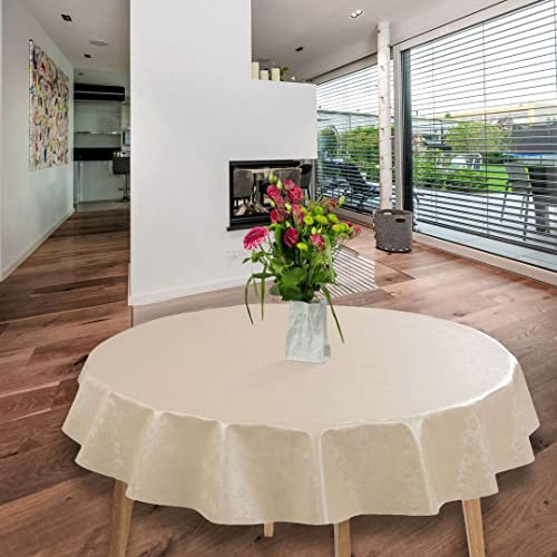 laro Wachstuch-Tischdecke Abwaschbar Garten-Tischdecke Wachstischdecke PVC Plastik-Tischdecken Eckig Meterware Wasserabweisend Abwischbar GAC, Muster:Geprägt Blumen Beige Creme, Größe:140cm Rund