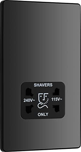 BG Electrical Dual Voltage Shaver Plug Socket, Electric Toothbrush Charger Socket for Bathrooms, Screwless Front Plate, Round Edges, Evolve, 2-Pin, Black Chrome, 115V / 240V, PCDBC20B