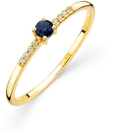 OROVI Damen Goldschmuck, Gold Ring, Solitaire Saphir und 8 Diamanten 0.03 ct., Verlobungsring, Edelsteine, Geburtsstein, 9 Karat (375) Gelbgold