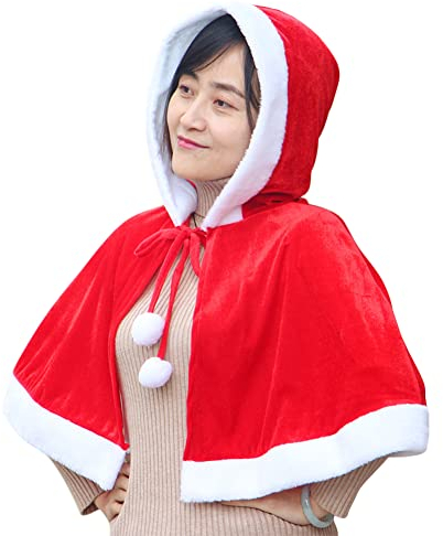 ITODA Weihnachten Cape Kinder Weihnachtskostüm mit Weihnachtsmütze Erwachsene Weihnachtsmantel Kurz Poncho Rot Samt Weihnachtskleid Santa Nikolaus Kapuzenmantel Festlich Kapuzenkostüm Party Geschenk