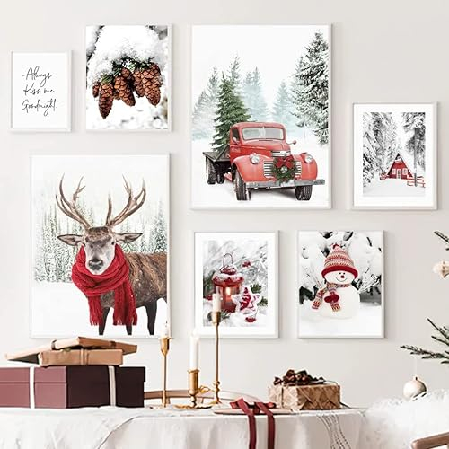 Bild auf Leinwand, Motiv: Winterschnee, Elch, Kiefer, Holz, Schneemann, Poster und Druck für moderne Weihnachtsdekoration (B, 30 x 40 cm, ohne Rahmen)